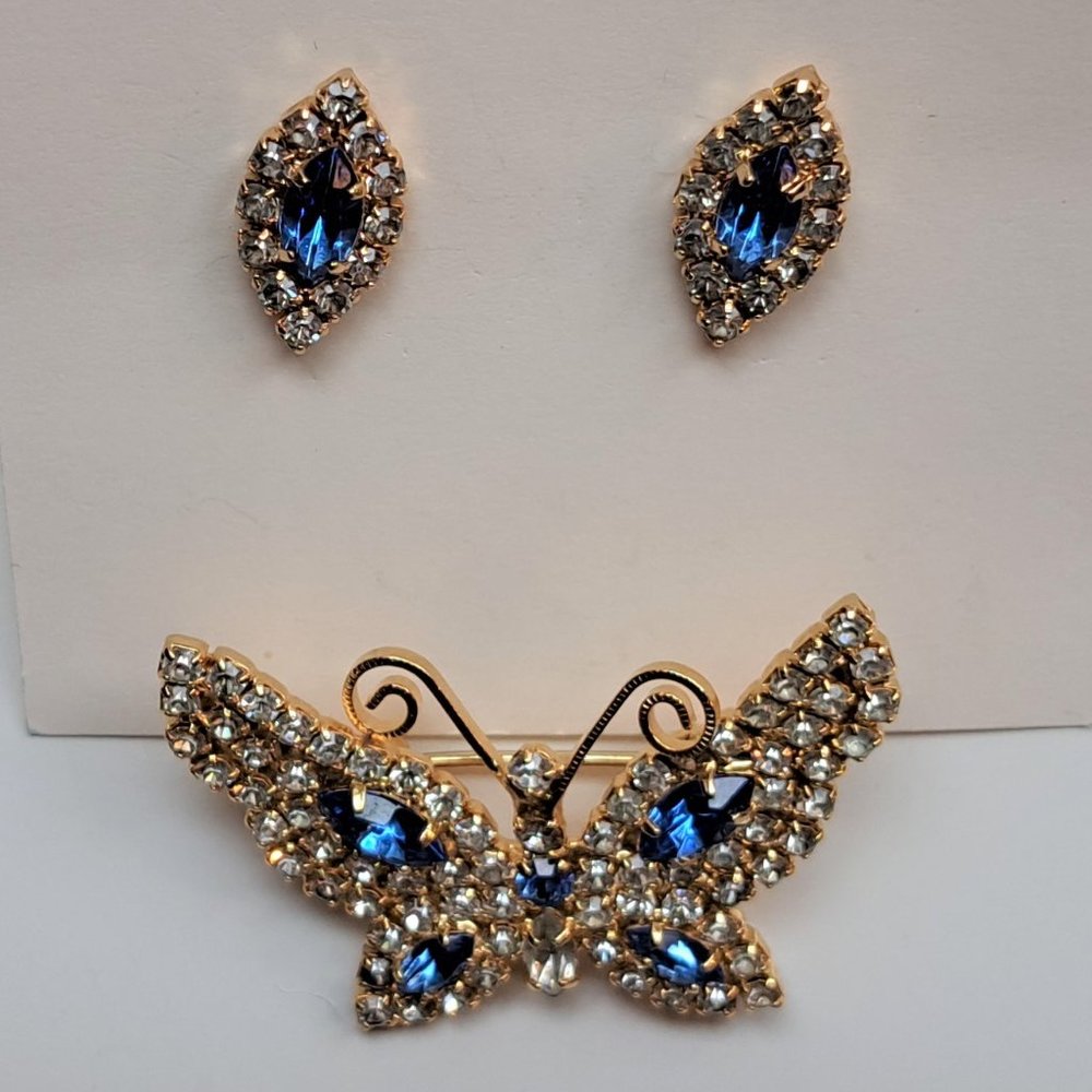 Gold Plated Rhinestone Butterfly Pin & Earrings